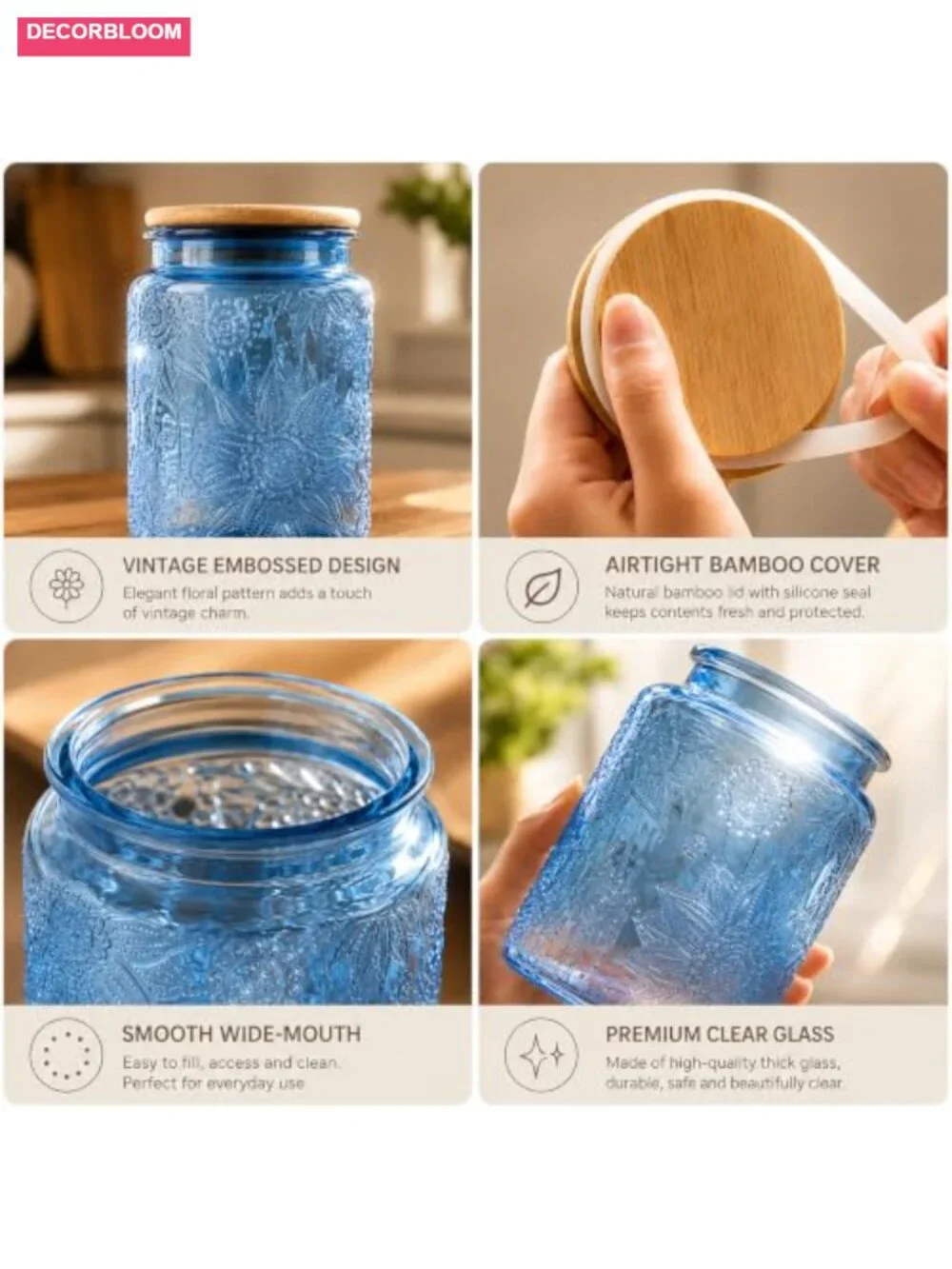 35oz Glass Storage Jar with Airtight Bamboo Lid, Food Canister for Pantry